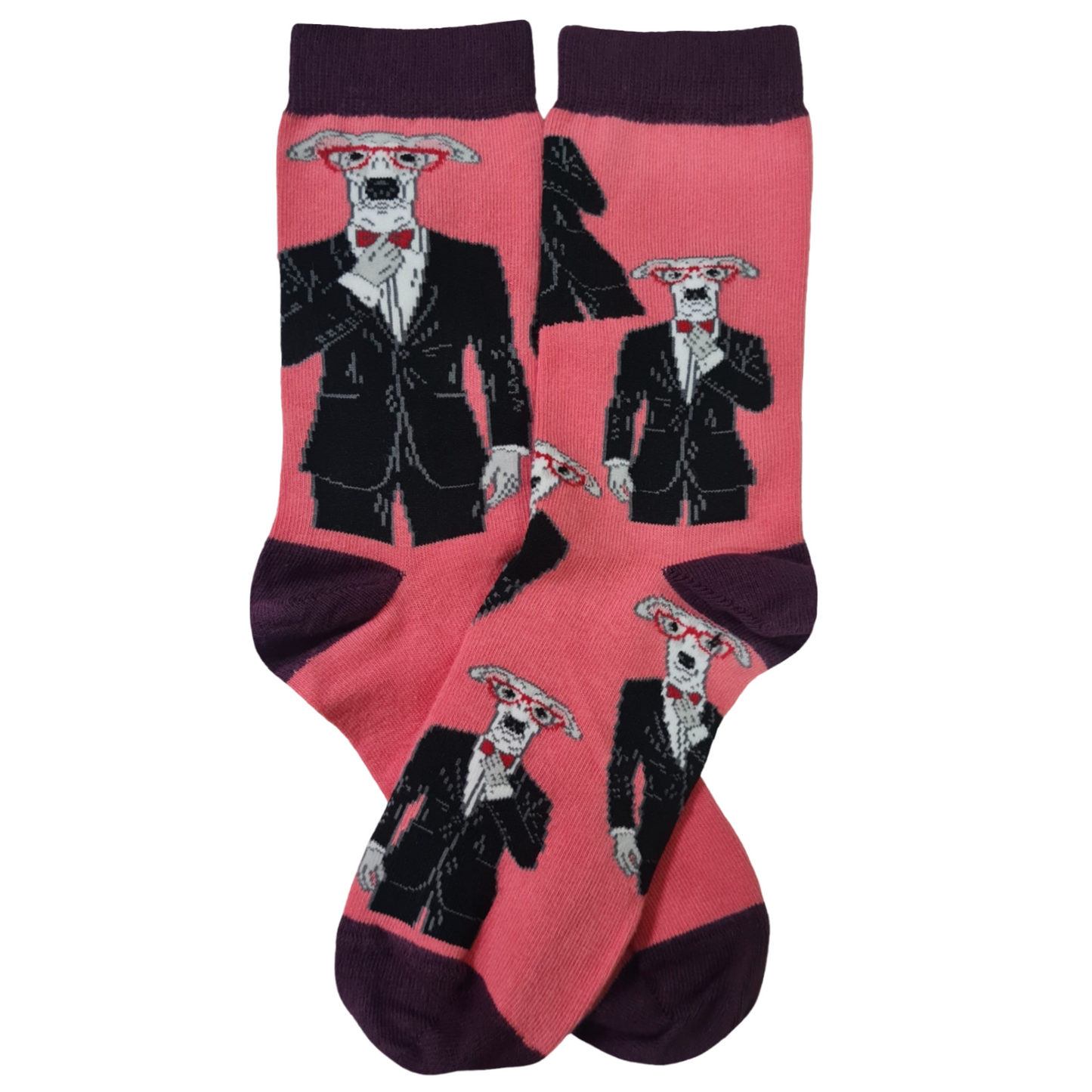 A pair of socks with a pattern featuring a cartoon image of a dog wearing a tuxedo and hat. The socks have a pink background with purple at the heels and toes.