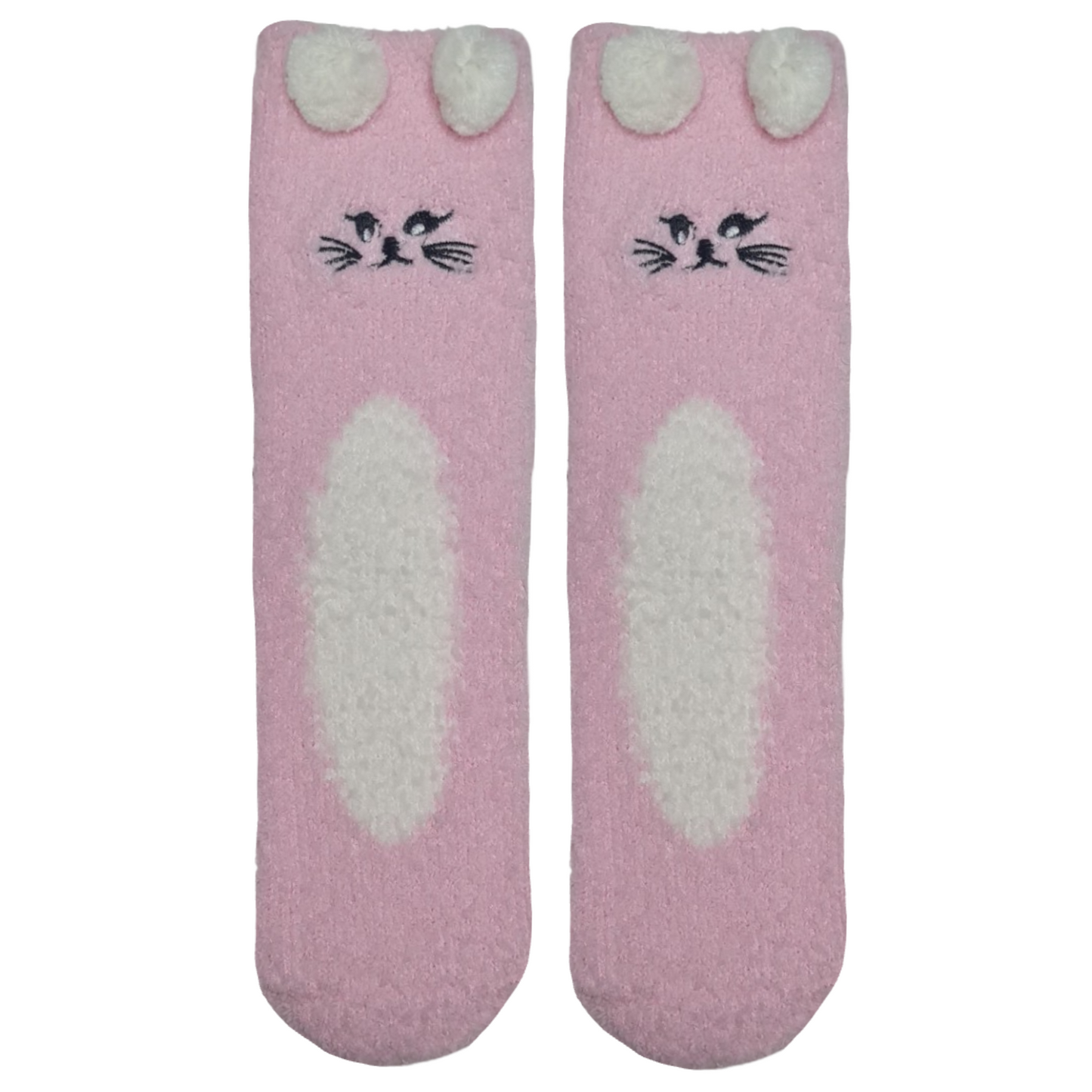 A pair of pink socks with cat face and ears design