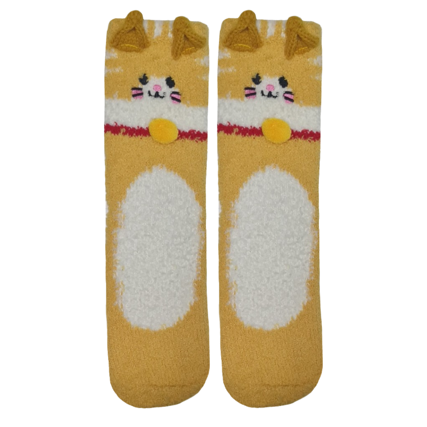 A pair of yellow socks with a cat face design on the ankle area and a bell pull tab at the top.