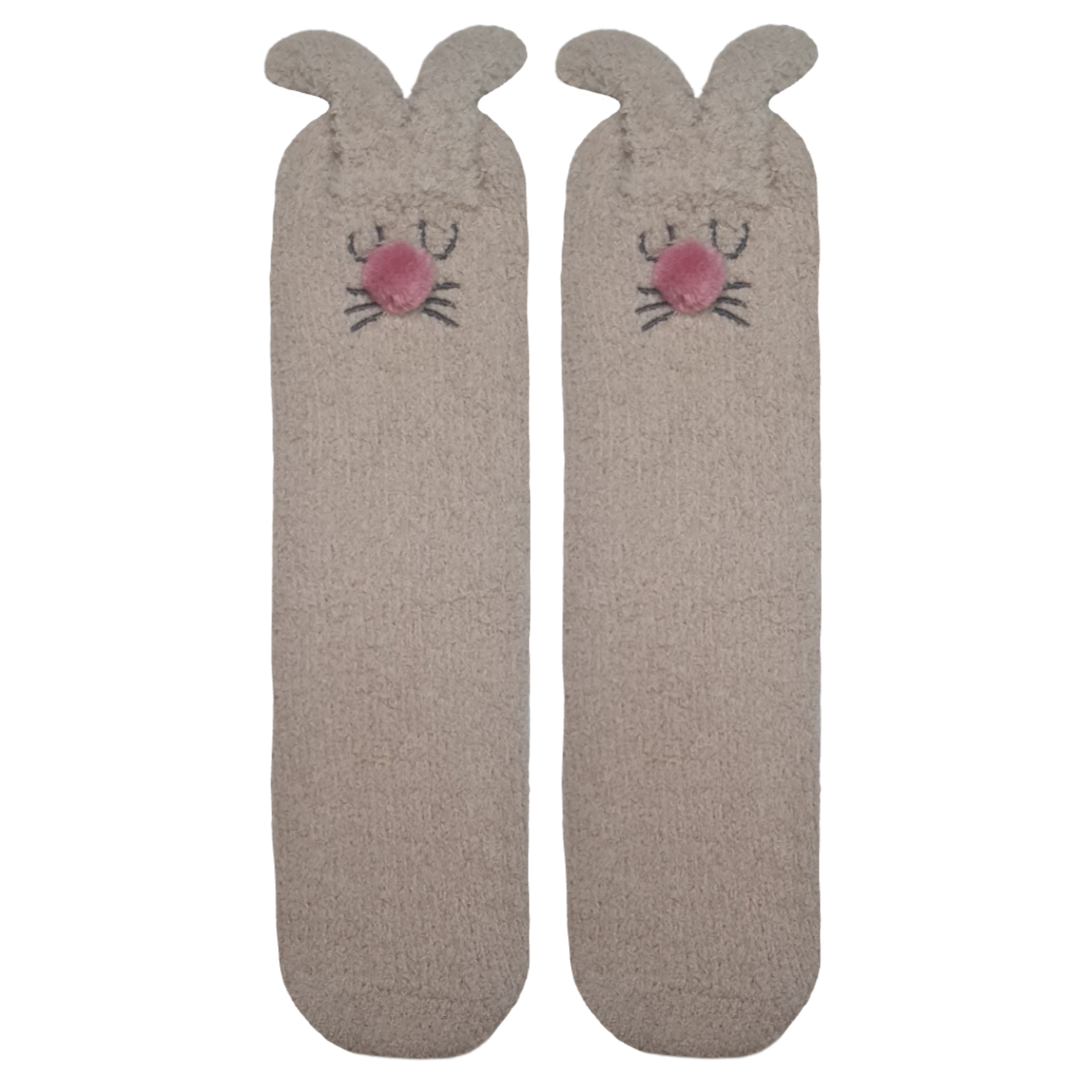 A pair of beige bunny-themed children's socks with embroidered details and pom-pom tails.