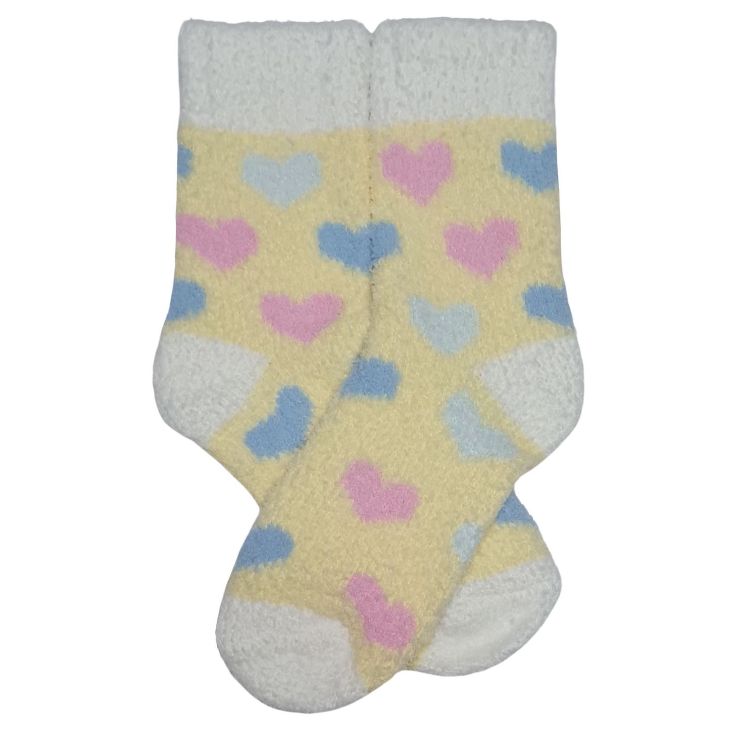 A pair of yellow socks with multicolored hearts pattern and white trim.