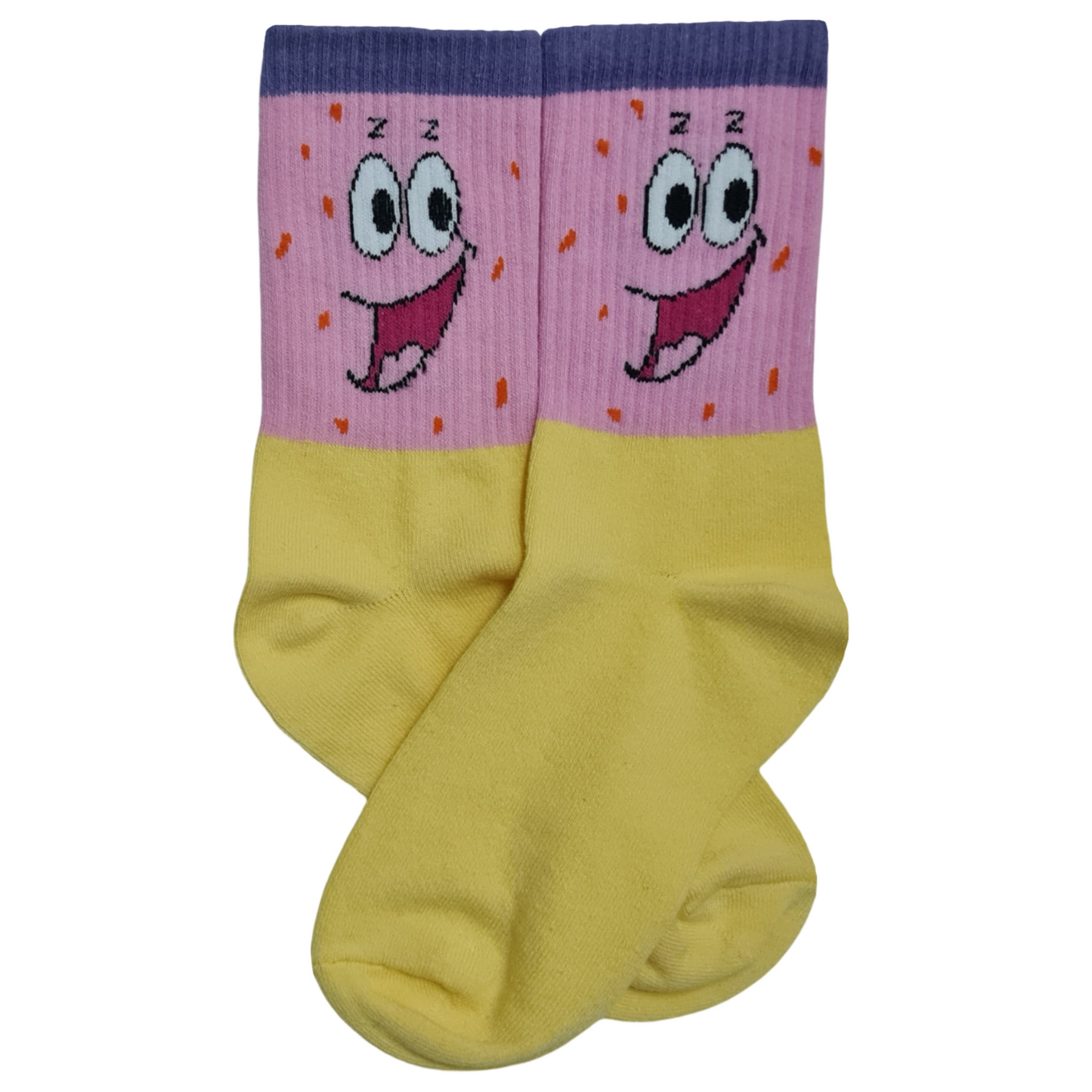 A pair of colorful socks featuring the cartoon character Patrick Star from SpongeBob SquarePants.
