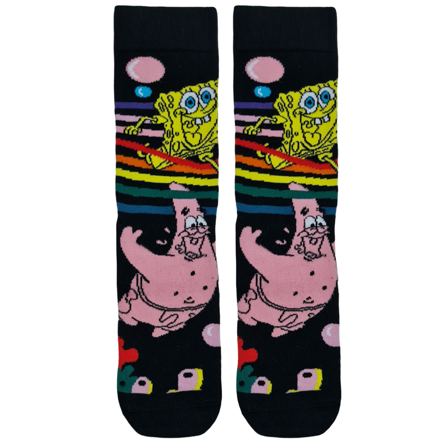 A pair of colorful socks featuring cartoon characters SpongeBob and Patrick Bubbles with a bubble theme.