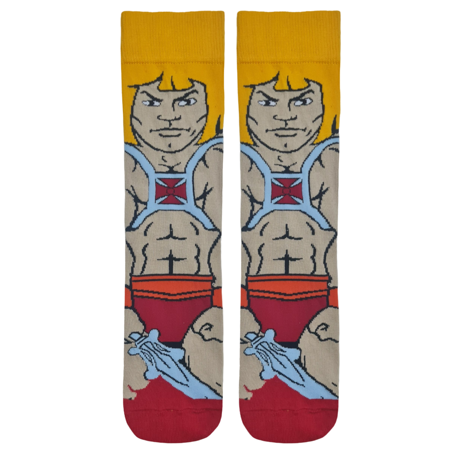A pair of socks featuring the character He-Man from the Masters of the Universe series.