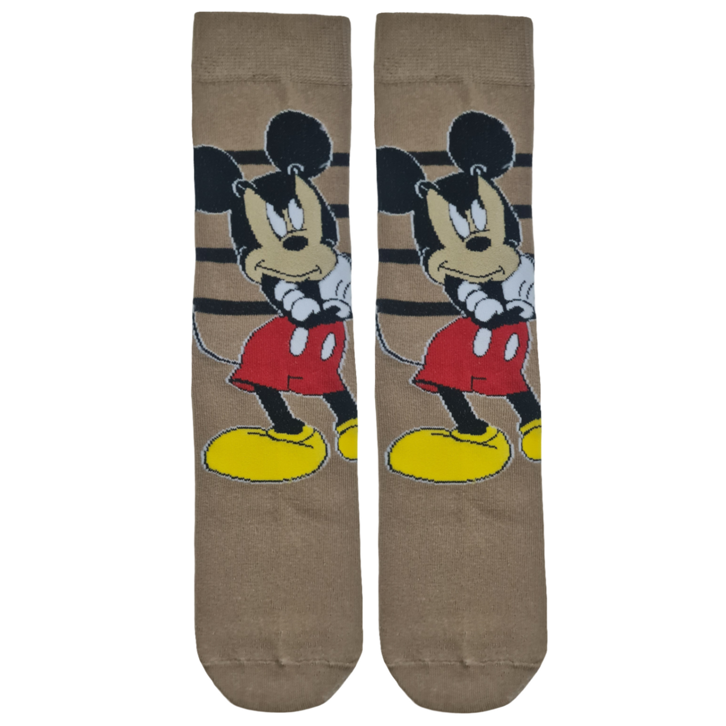 A pair of brown socks featuring cartoon character Mickey Mouse.