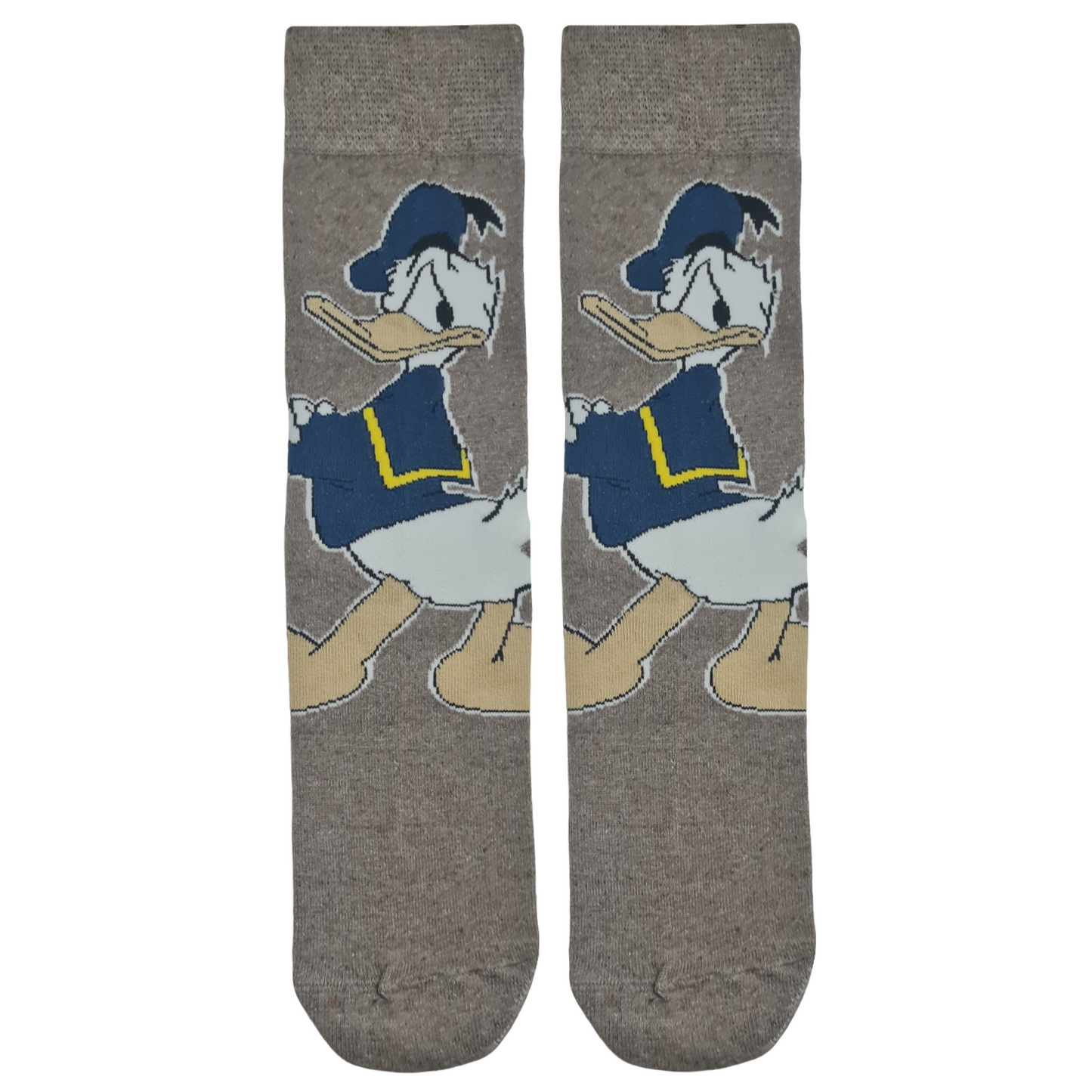 A pair of brown socks featuring an illustration of Donald Duck in a navy blue and white outfit.