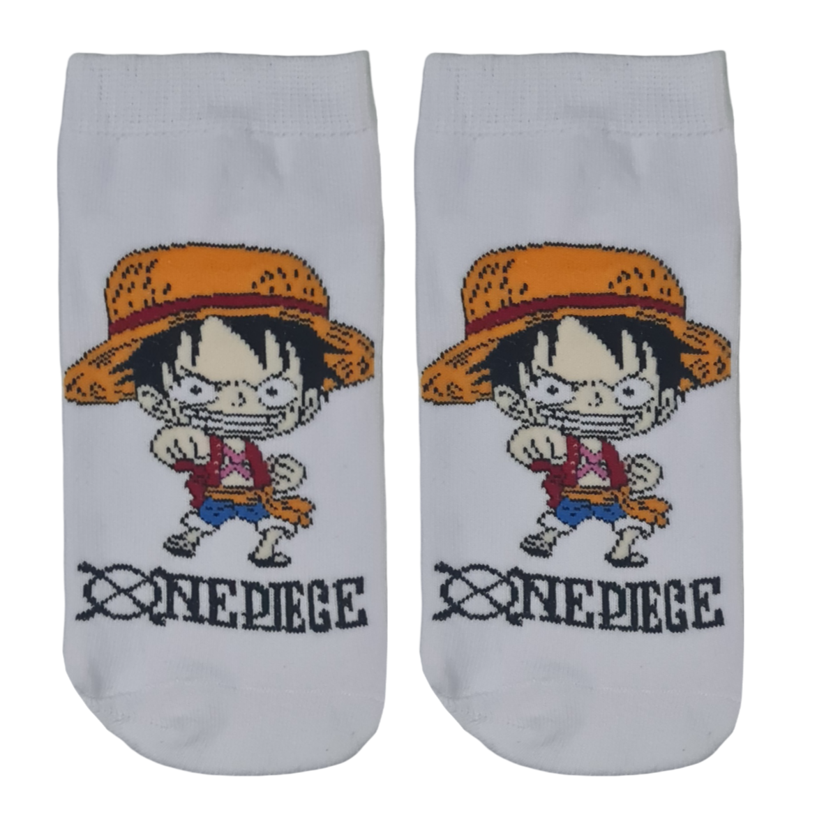 Pair of socks with Monkey D. Luffy character from One Piece anime design on a white background