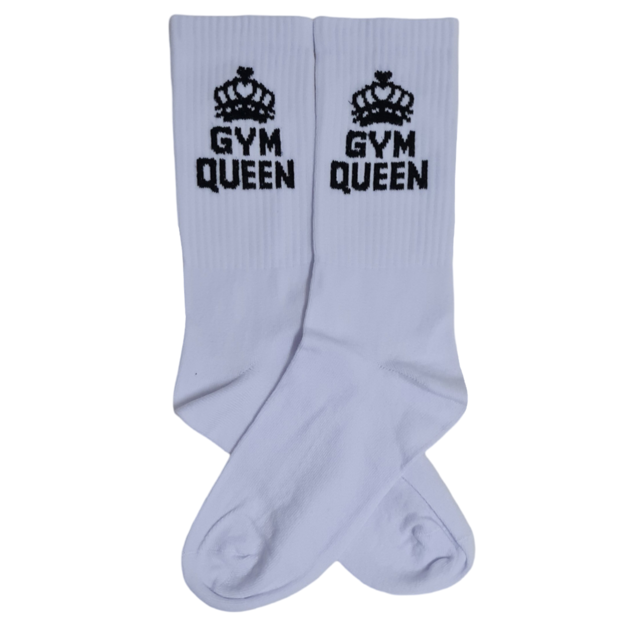 A pair of white gym socks with 'GYM QUEEN' printed on and a crown emblem.