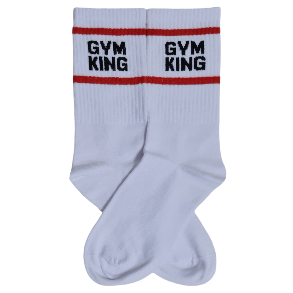 A pair of white GYM KING socks with bold red stripes and the text 'GYM KING' displayed on the ankle area.