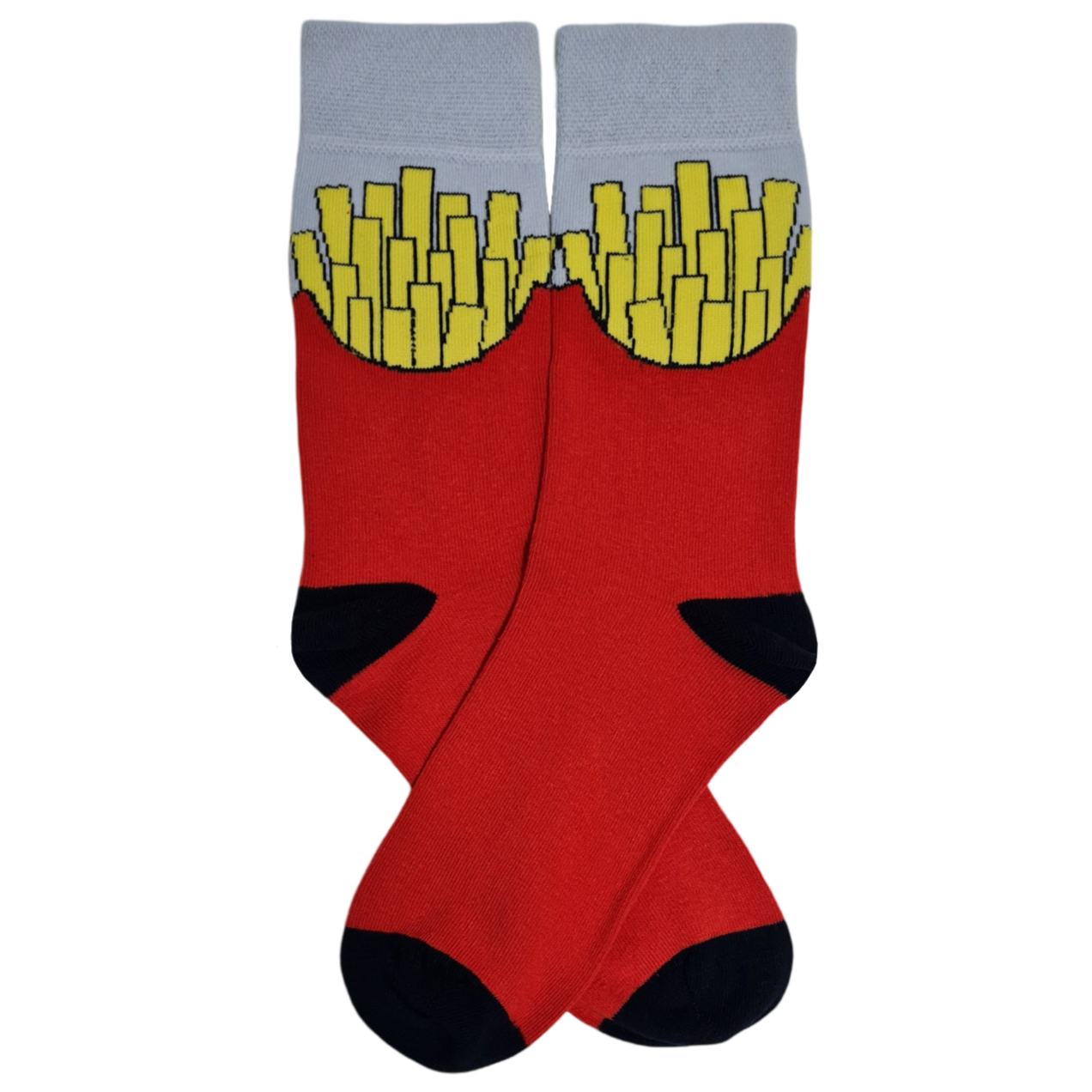 A pair of red socks with a French fries design, one sock displaying fries on the ankle area and the other with a full view of the fries pattern.