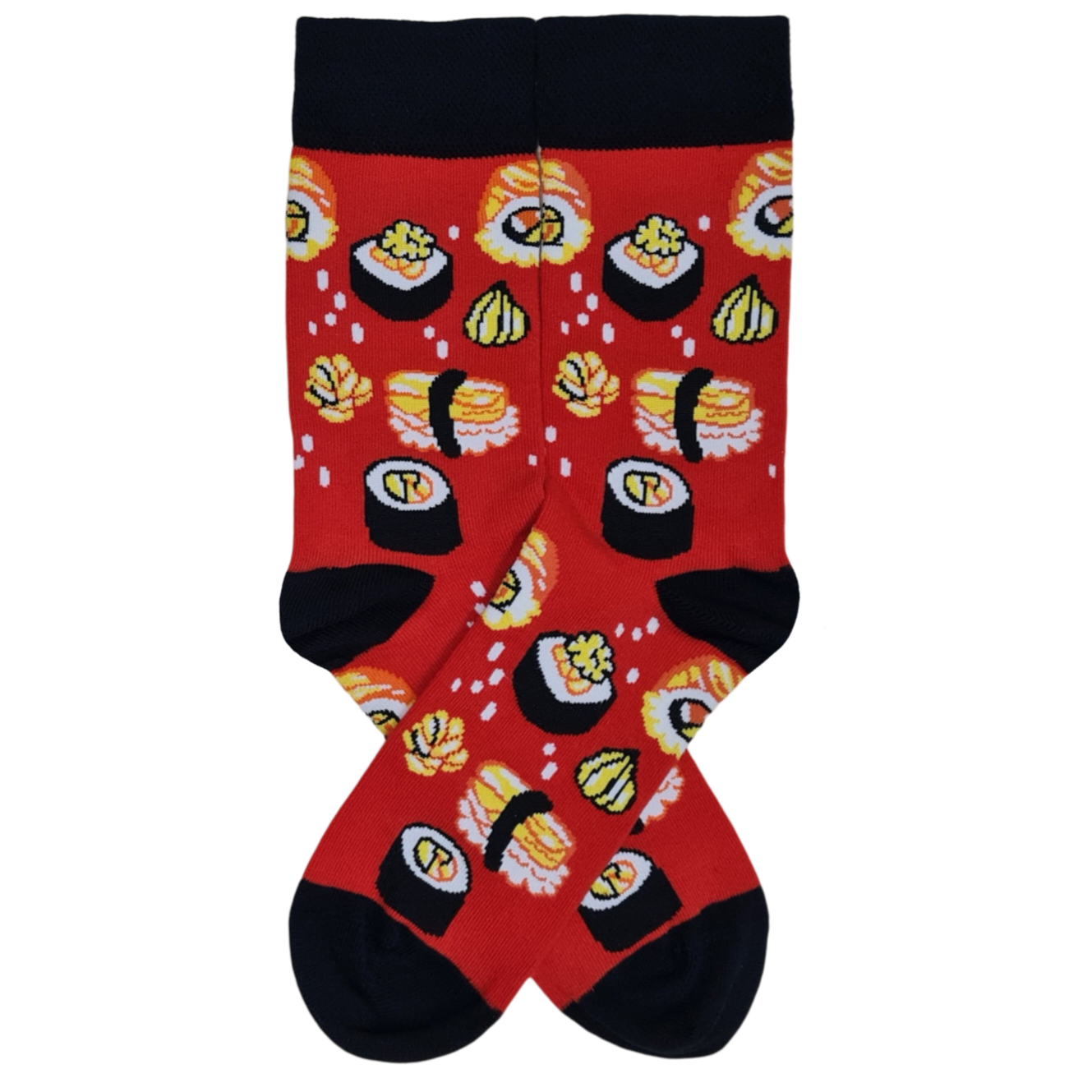 A pair of red socks with a vibrant sushi pattern, featuring various images of sushi rolls and toppings.