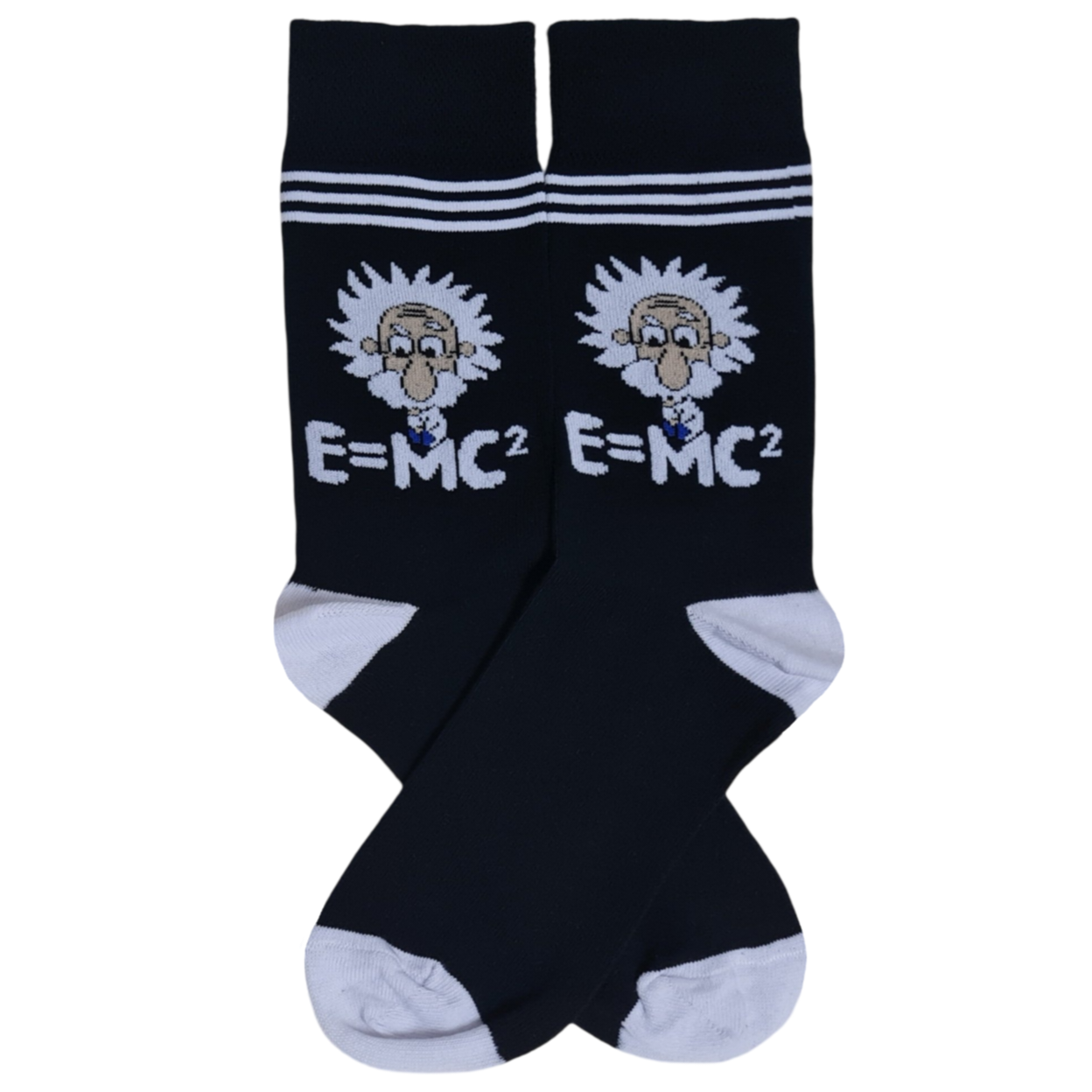 A pair of black socks with white upper part featuring a cartoon illustration of Albert Einstein and the equation E=MC².