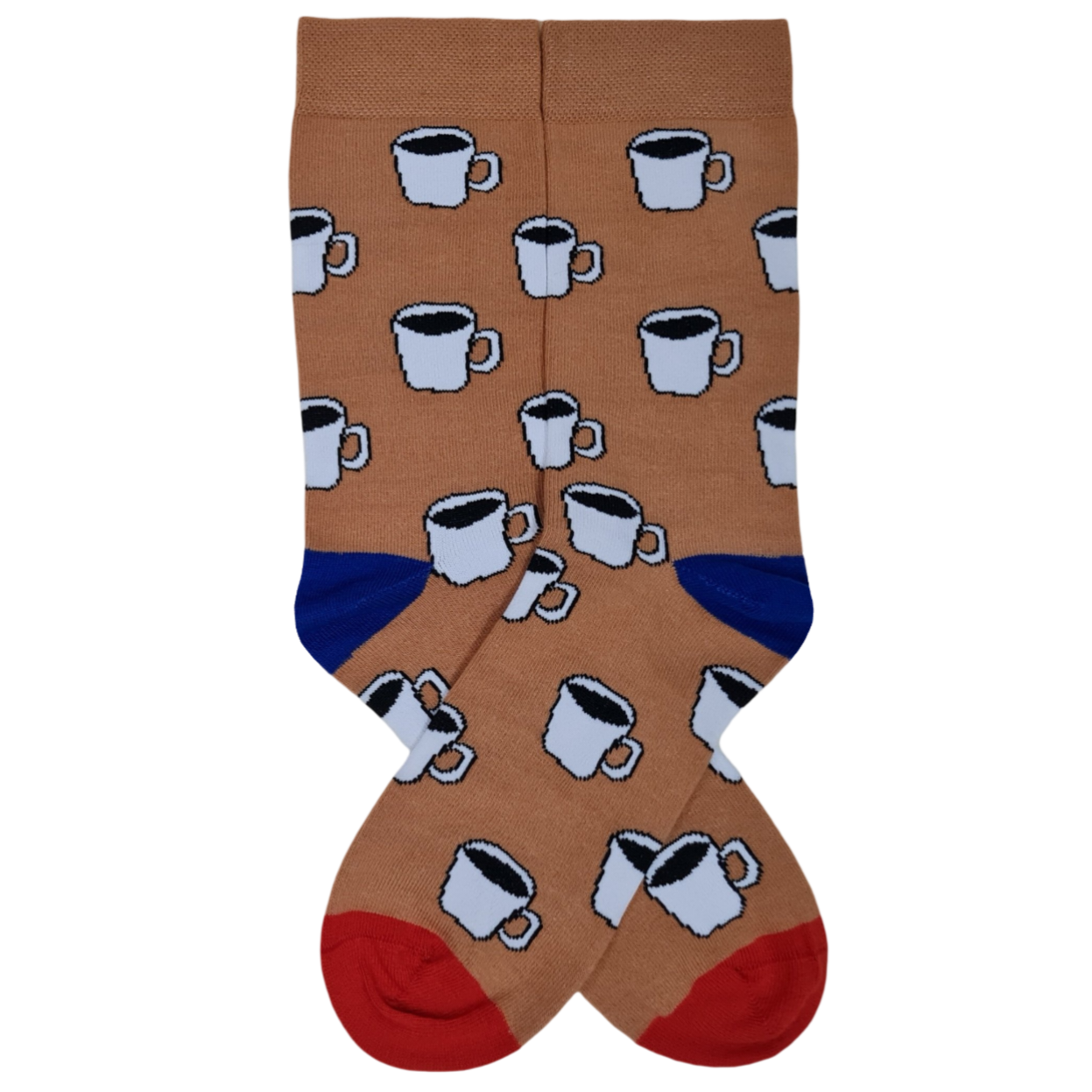 A pair of brown socks with a pattern of coffee cups