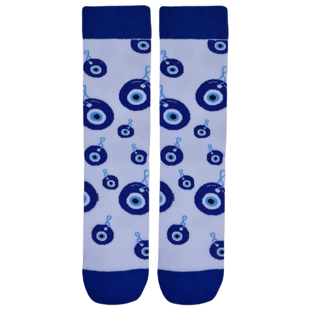 A pair of blue socks with a pattern of white protective symbols and a blue border.