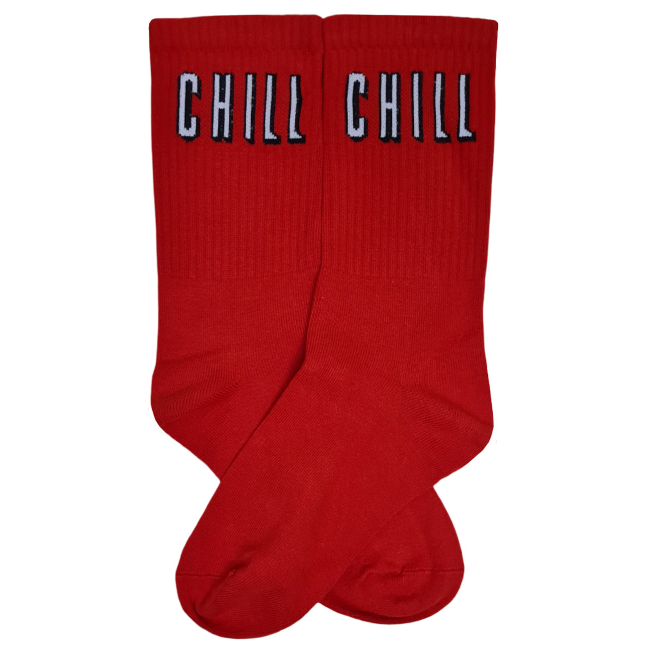 A pair of red socks with the word 'CHILL' written in red background.