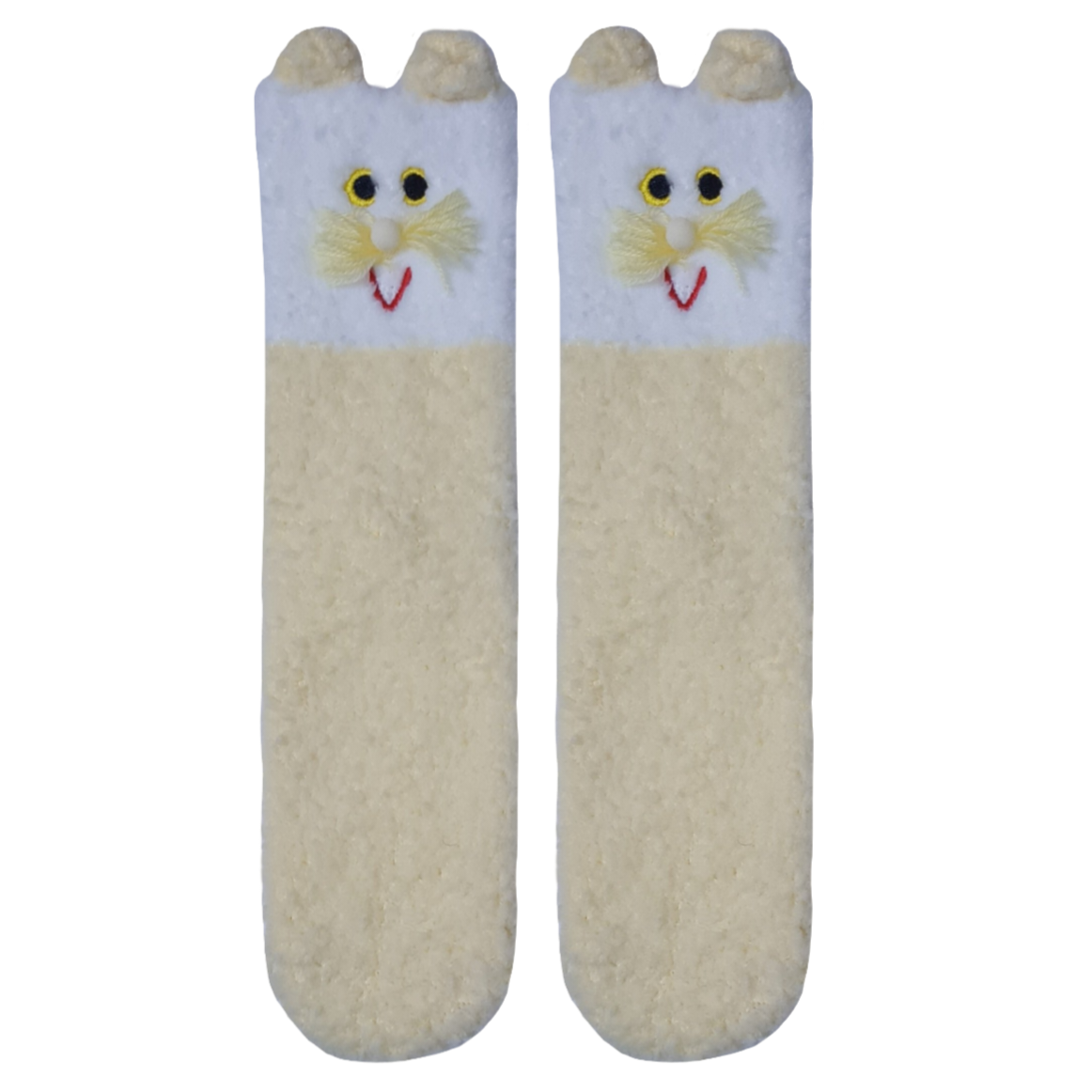 Pair of socks with cat face design on a white background