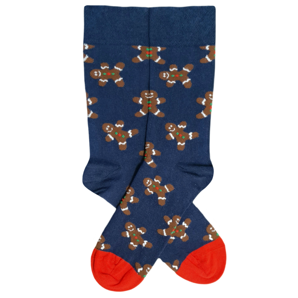 A pair of navy socks with a festive gingerbread man pattern and red toe caps.