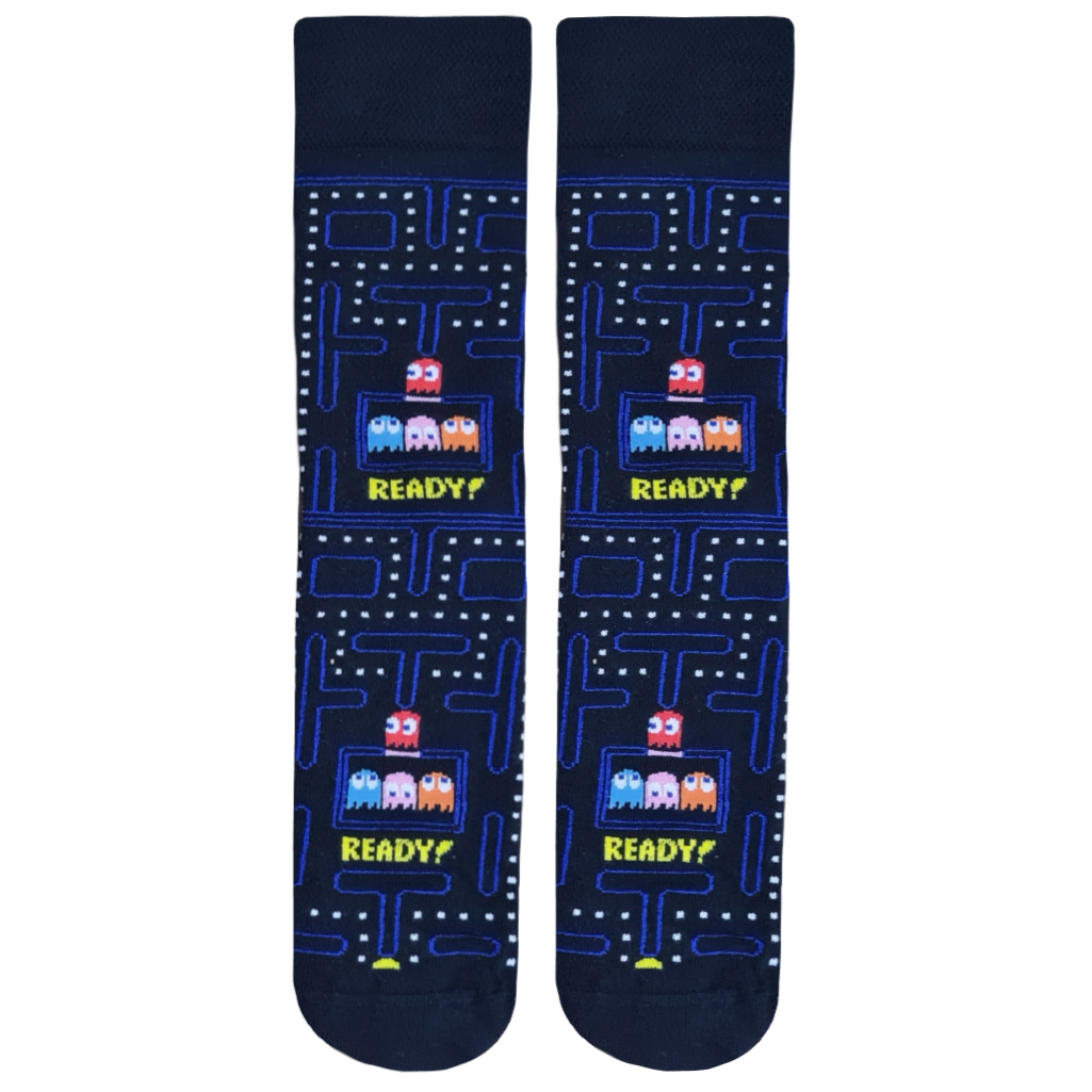 A pair of socks with a pattern resembling the classic video game Pac-Man, featuring the character Pac-Man in blue, ghosts in orange, and the text 'READY?'.