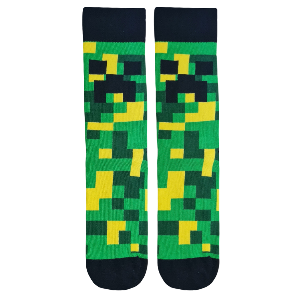 A pair of socks with a pixelated pattern resembling the game 'Minecraft' color scheme.
