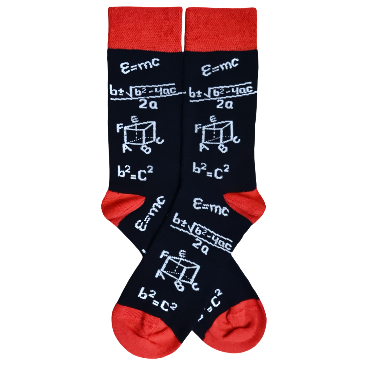 A pair of black socks with red cuffs, featuring printed mathematical equations and symbols, including 'E=mc^2' and 'F=ma'. The socks are displayed against a white background.
