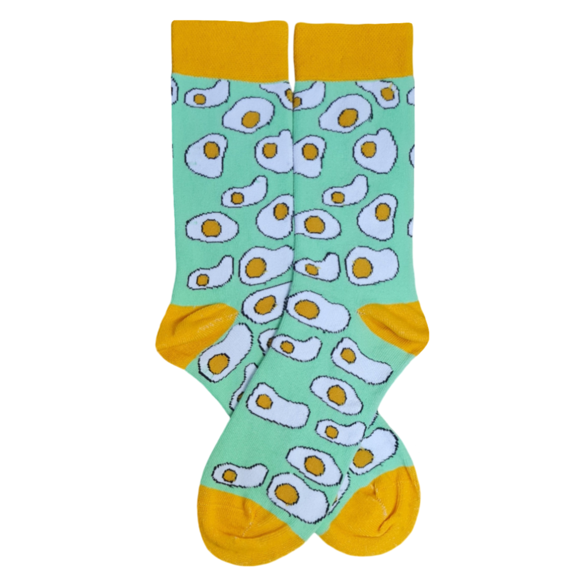 A pair of socks with green background and yellow cuffs, featuring various cartoon egg designs.