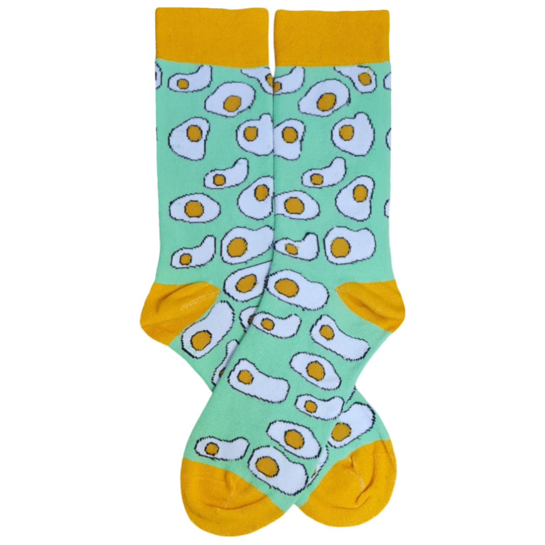A pair of socks with green background and yellow cuffs, featuring various cartoon egg designs.