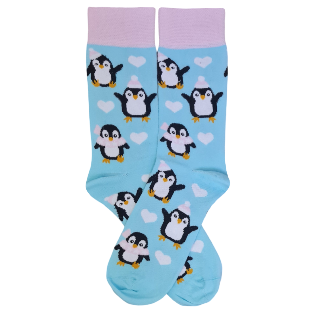 A pair of socks with winter penguin and heart patterns on a light blue background.