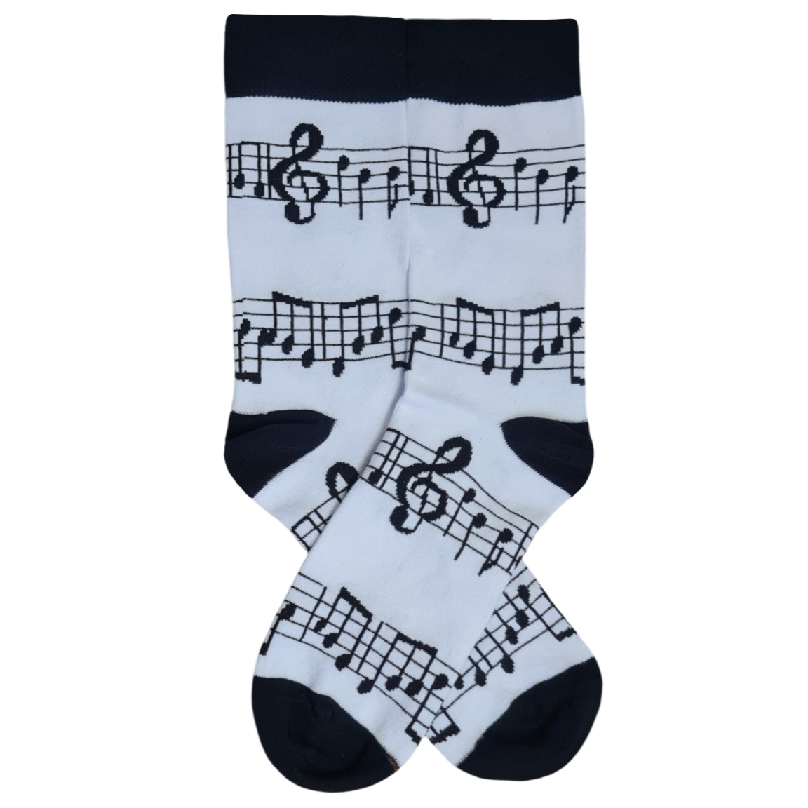 A pair of white socks with musical notes and clefs printed on them.