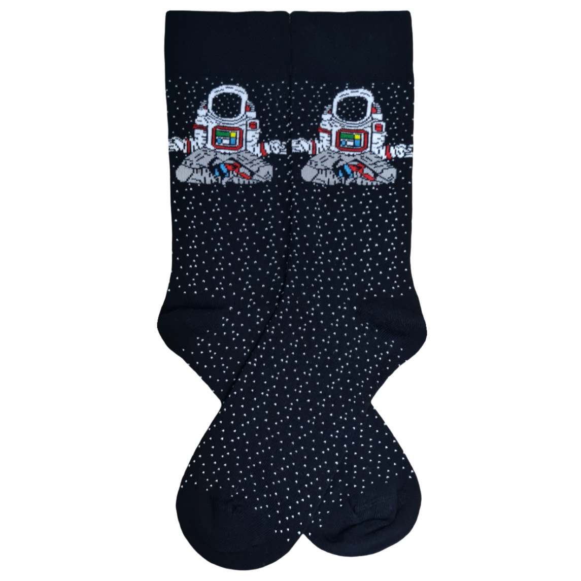 A pair of black socks with a design of a Meditating Astronaut and stars pattern.