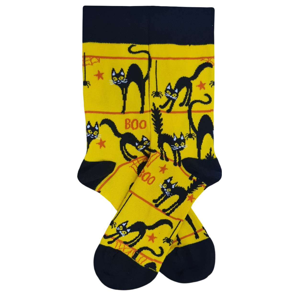 A pair of yellow socks with black cat designs and the word 'BOO!' displayed.