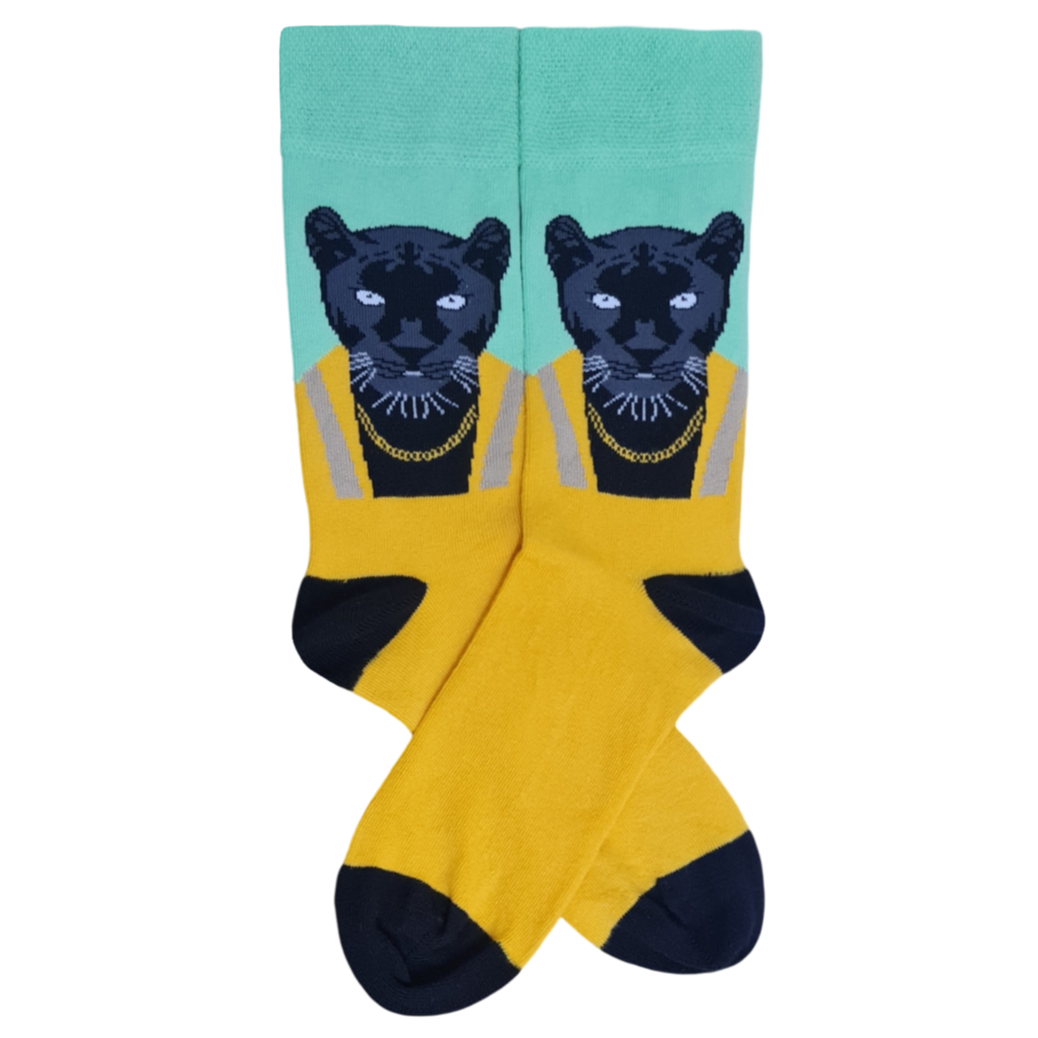 A pair of socks with a design of a black tiger's face on the upper part and solid yellow color on the lower part.
