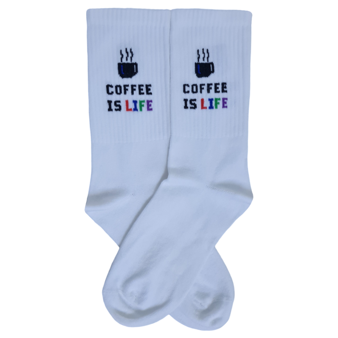 A pair of white socks with the text 'COFFEE IS LIFE' and a coffee cup design.
