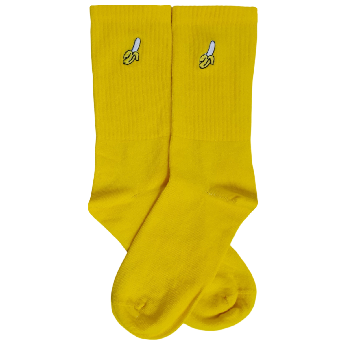 A pair of yellow socks with embroidered banana designs on the upper part.