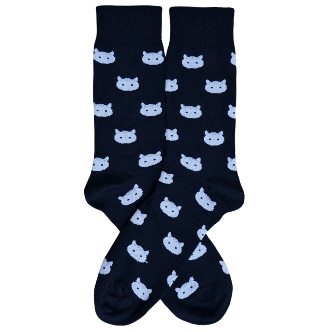 A pair of black socks with blue cat-shaped patterns.