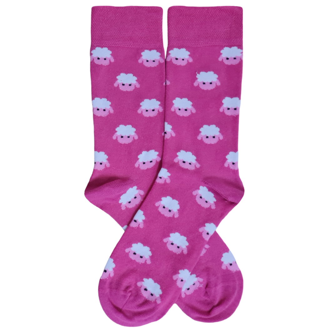 A pair of pink socks with a sheep design.