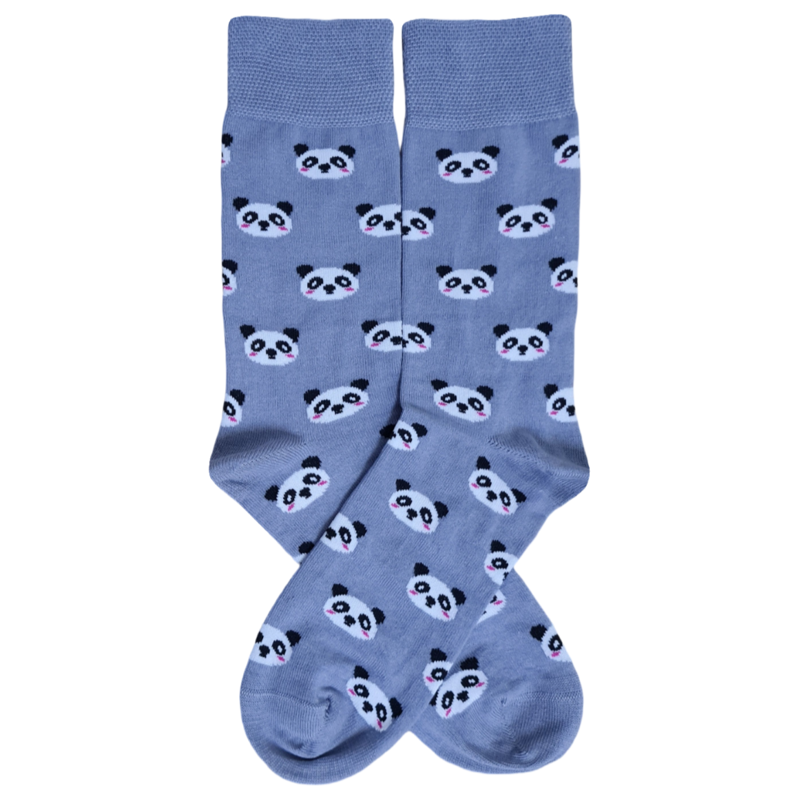 A pair of grey socks with a pattern of cute panda faces.