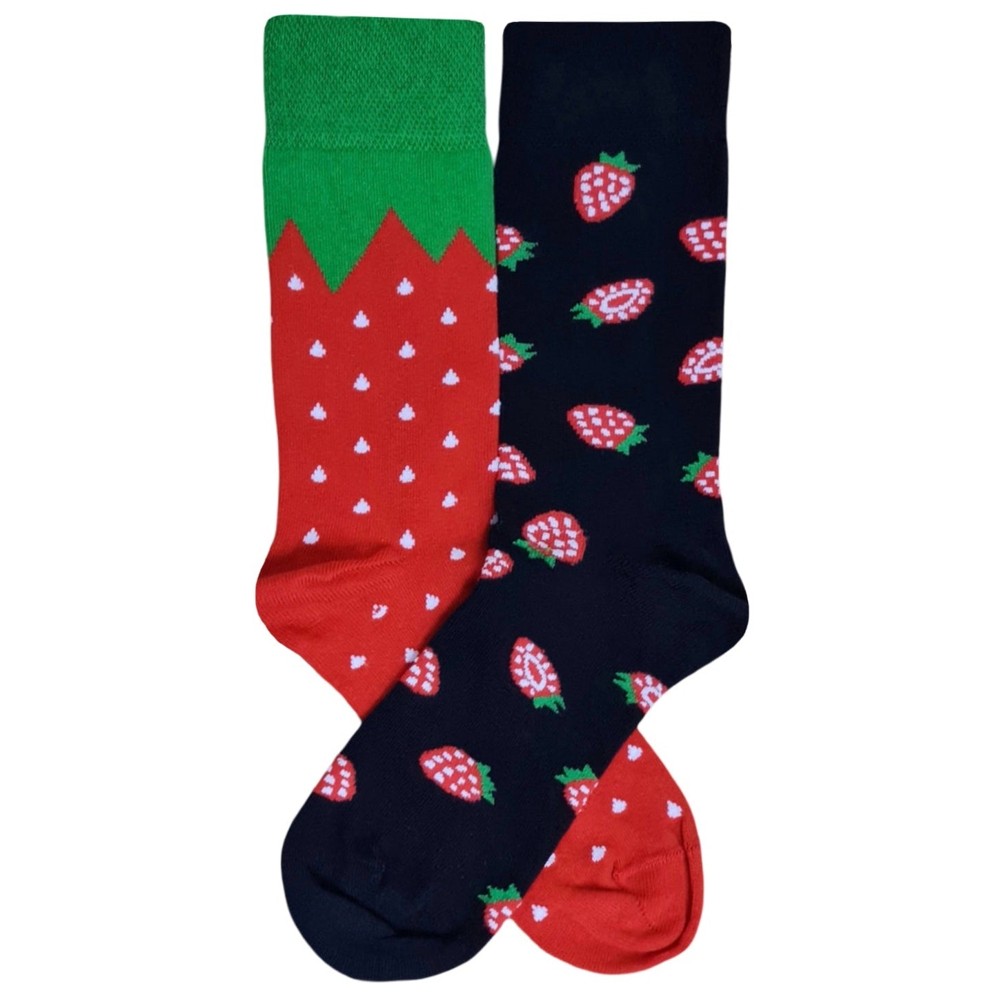 A pair of mismatched socks with one featuring a red background with white strawberries and the other with a black background with red strawberries, both having green trim at the top.