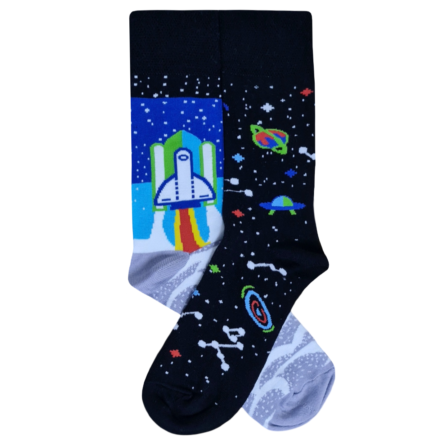 A pair of mismatched crew socks featuring a space theme with a colorful rocket launch, cosmic planets, and stars on a black and blue background.