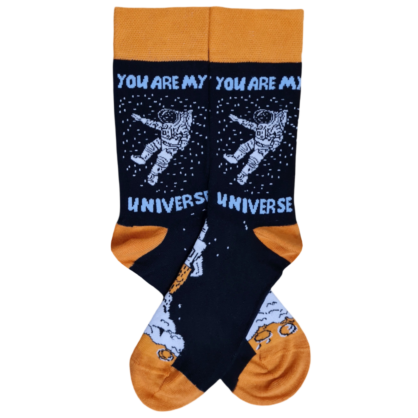 A pair of socks with a space-themed design, featuring an astronaut and the text 'YOU ARE MY UNIVERSE' on a black and orange background.