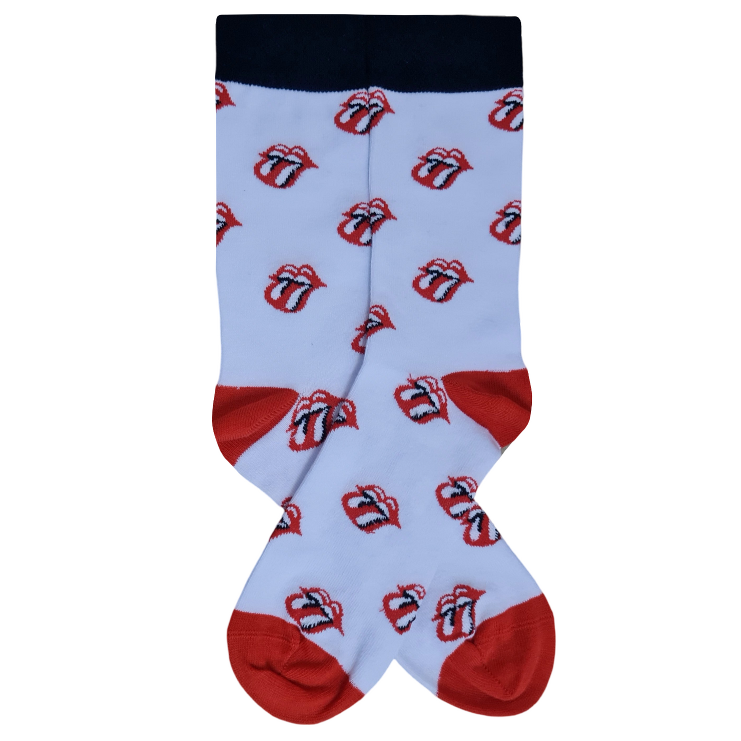 A pair of socks with a pattern depicting a mouth with tongue sticking out, primarily in blue and red colors.