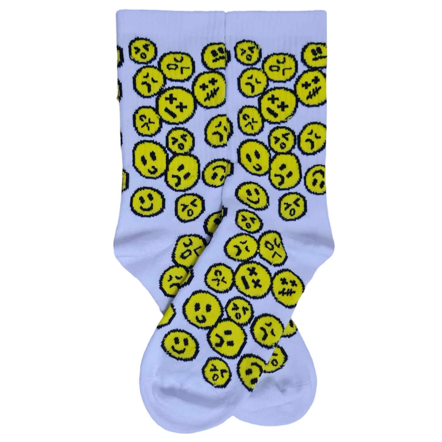 A pair of socks with a pattern of smiley faces and other emoji-like faces in yellow on a light blue background.