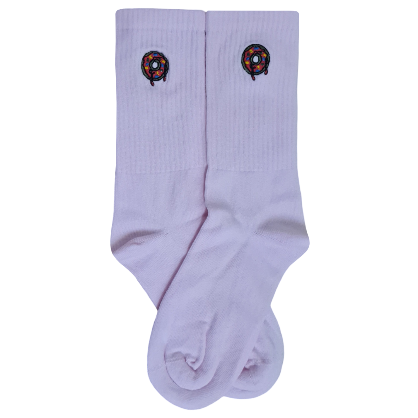 A pair of white socks with embroidered doughnut designs on the top