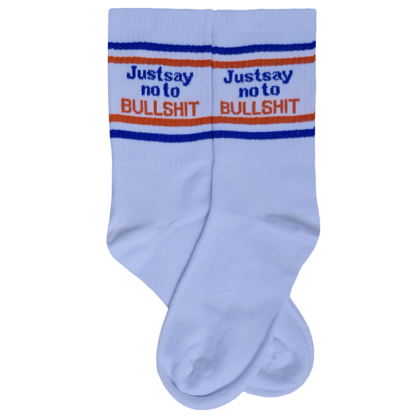 A pair of white socks with the phrase 'Just say no to BULLSHIT' printed in blue and red lettering on the side.