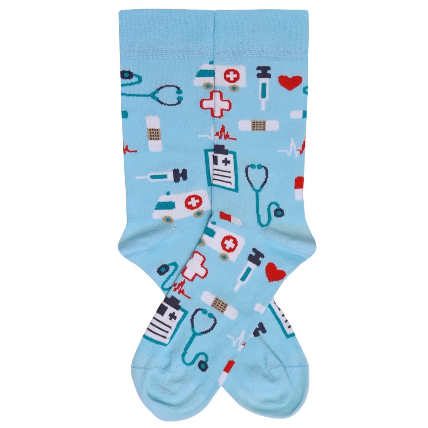 Light blue socks with medical-themed designs on a white background