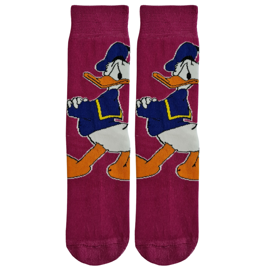 A pair of pink socks featuring an illustration of Donald Duck in a similar color palette to the socks themselves.