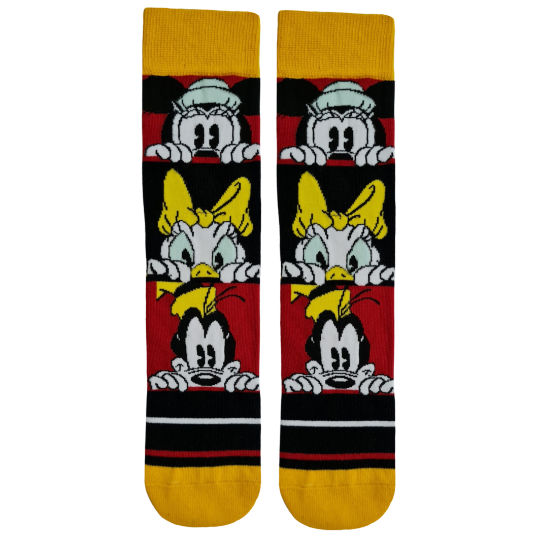A pair of socks featuring cartoon characters Mickey Mouse, Daisy Duck, and Goofy on a black and yellow striped background.