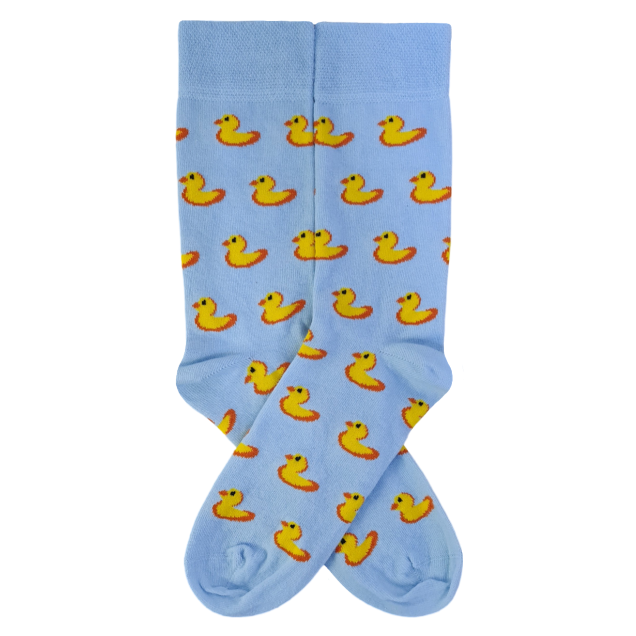 A pair of light blue socks with a pattern of yellow duck-like creatures.