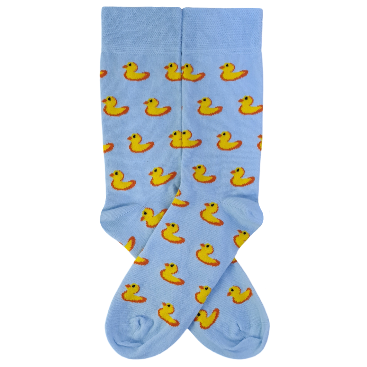 A pair of light blue socks with a pattern of yellow duck-like creatures.