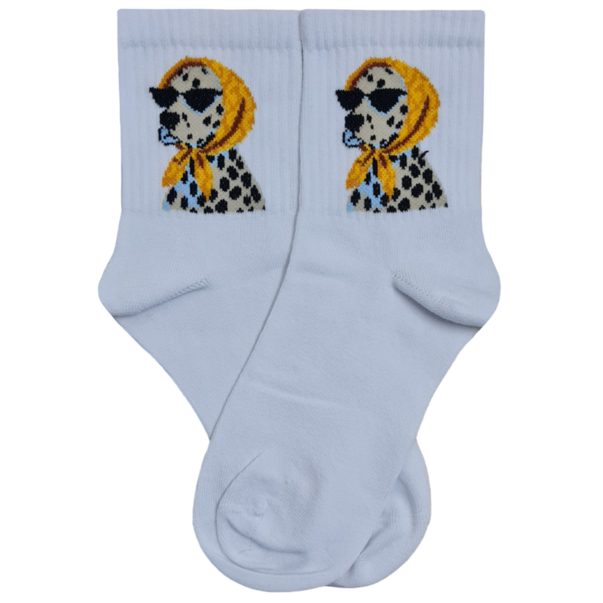 White quarter crew socks featuring a Dalmatian dog wearing a yellow bandana tied around its head and black sunglasses.