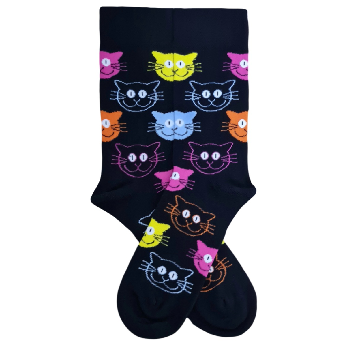 A pair of black socks with vibrant colored cat designs